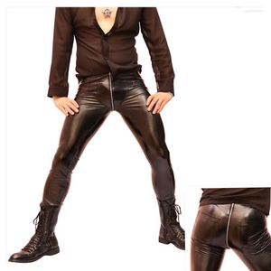 Męskie spodnie męskie bardzo rozciągliwe, obcisłe PU skóra lateks amoniak chudy ołówek spodnie typu casual zamek błyskawiczny otwarte krocze styl punkowy legginsy sceniczne