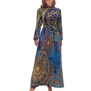 Casual Kleider Celestial Steampunk Kleid Blau Gold Mandala Elegante Maxi Street Style Strand Lange Hohe Taille Gedruckt Vestido