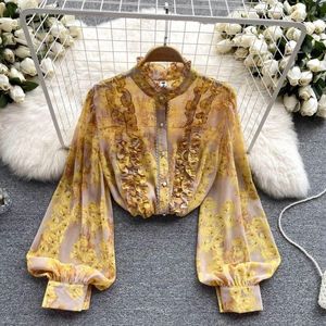 Женские блузки элегантная винтажная рубашка для женщин 2023 Корейские оборки длинные фонаря рукав