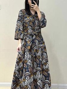 Casual Dresses Women's Mid Calf Dress Leaf Printing V-neck Lace-up Long Sleeve Robe Cotton Vintage Spring 2023