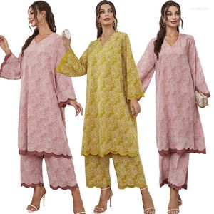 Ethnic Clothing Ramadan Eid Mubarak Muslim Set Printed Abaya Blouse Women Musulman Kaftan Dress Dubai Turkey 2 Pieces Tops Pants Islamic
