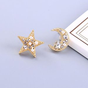 Stud Earrings Fashion Asymmetric Gold Color Star Moon Luxury Eegant Pearl Crystal Female Ears Charming Ladies Wedding Jewelry