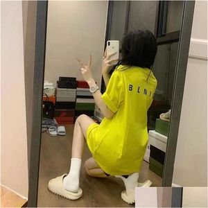 Damen T-Shirt 2023 Paar Kurzarm Frauen Lose Sommer Fluoreszierendes Gelb Mittellanges Unterkleid Fehlendes Design Sense Top Dr. Dhbec