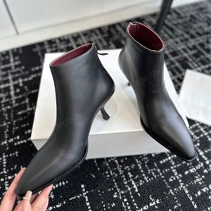 Nackte Designer-Stiefel für Damen, The Row, kurze Stiefel mit hohem Absatz, luxuriöse, spitze Karrierestiefel aus Schaffell mit niedrigem Absatz, schwarze, modische, faule Cocktail-Dinner-Kleiderstiefel, 35–40 mit Box