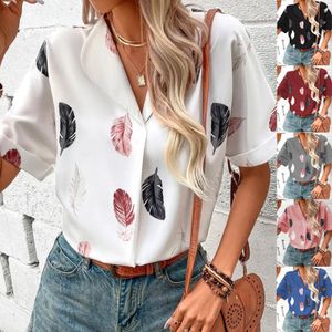 2023 Summer New European American Women's Shirts PoloLapel Neck Feather Print Short Sleeve Shirt female Casual Blouses