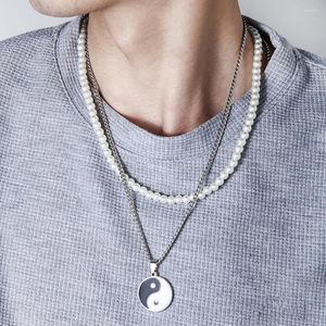 Kolye Kolye 2023 Serin Tai Chi Yin Yang Charm Pearl Compok Moda Vintage Çok Katmanlı Kolye Erkek Mücevher Aksesuarları