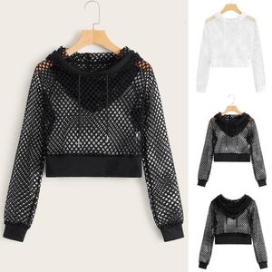 Felpe con cappuccio da donna Felpe con cappuccio oversize Casual Felpe con cappuccio da donna Solid Cutout Mesh Insert Felpa con cappuccio corta Felpa Harajuku Felpa con cappuccio manica lunga Crop Top 230705