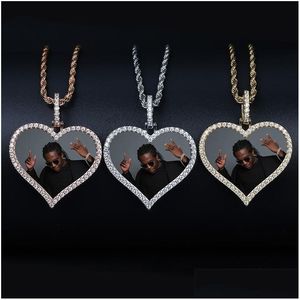 Hänge Halsband Custom Made Po Memory Medaljonger Bling Iced Out Heart Repkedjor För män Kvinnor Hip Hop Personliga smycken Drop Dhvyy