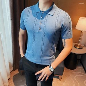 Camisa polo masculina de manga curta de seda gelo de alta qualidade para o verão 2023 empresarial, moda coreana, camisa polo de malha jacquard
