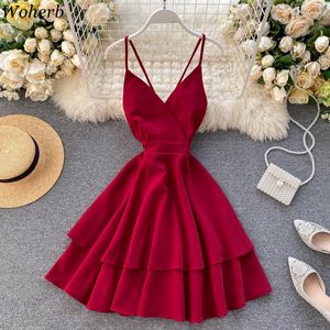 Vestidos Casuais M MENINAS Verão Feminino Vestido Chique Alça Espaguete Vestidos Doce Decote em V Sexy Sem Costas Cintura Fina Ruffle Robe de Praia