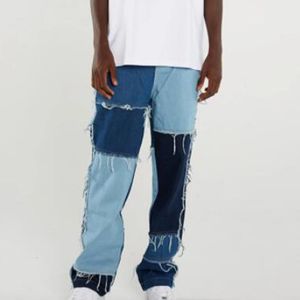 Jeans da uomo Jeans Hip Hop Uomo Patchwork Frange Pantaloni a vita media a gamba dritta Pantaloni larghi casual vintage Pantaloni denim Blu Streetwear 230705