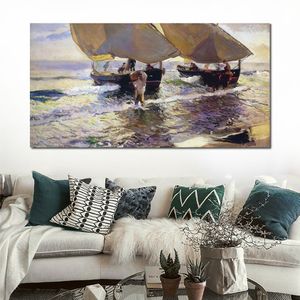 Plaj manzara tuval duvar sanatı teknelerin gelişi joaquin sorolla y bastida el yapımı deniz manzarası yatak odası dekor