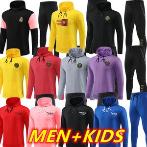 Conjuntos de fatos de treino PSGs 2023 com capuz Real madrids Barcelona TRACKSUIT set arsen men and kids chandal futbol survetement madrides TRAINING suit soccer