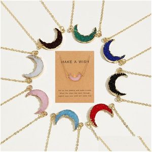 Anhänger Halsketten Mode Druzy Stein Mond Halskette mit Machen Sie eine Wunschkarte Harz Goldketten für Frauen Luxus Schmuck Geschenk Drop Deliv DH8DP