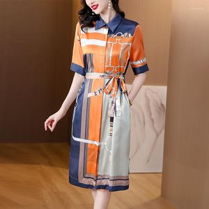 Casual Dresses 2023 Summer Print Silk Satin Short Sleeve Polo Collar Midi Dress Elegant Office Lady Women Chic Luxury Party