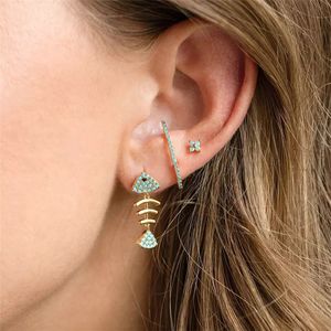 Cute 3pcs/set Fishbone Stud Earrings Designer for Woman Blue White AAA Cubic Zirconia 18k Gold Copper Diamond Earring Luxury Jewelry Gift s925 Sterling Silver Post