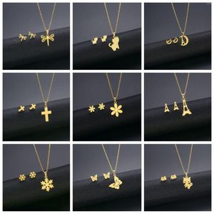 Necklace Earrings Set Crown Flower Animals Stainless Steel For Women Butterfly Fish Dragonfly Earring Jewelry