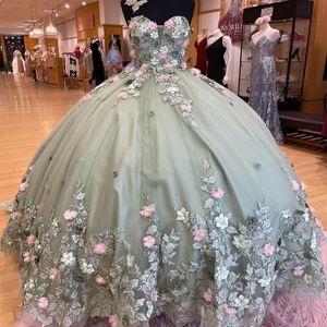 Mint Green Shiny Princess Quinceanera Sukienki 2024 Aplikacje 3DFLower Lace-Up Corset Off ramię de 15 anos