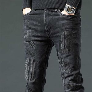High end black men's jeans, high-end trend embroidery, printing, hot diamond, versatile slim fitting elastic small leg long pants