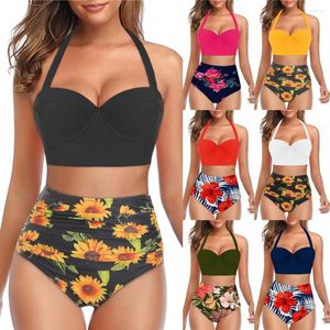 Stroje kąpielowe damskie # Z45 bikini z wysokim stanem damskie kwiatowy Print duży rozmiar dwuczęściowy strój kąpielowy zestaw tankini strój kąpielowy dla