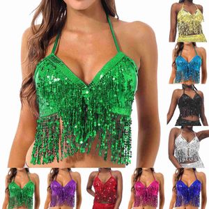 DIY Tanks Camis Belly Dance Come Adjustable Padded Bra Halter Top Sequin Performance Outfits Club Party Festival Rave Dance Sexy Crop Tops J230706