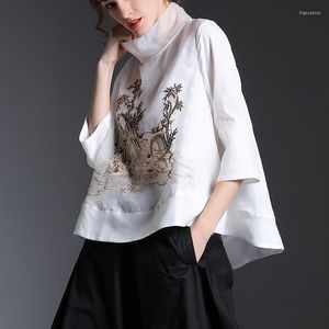 Blusas Femininas Moda Chinesa Camisa Desfiladeiro Chique Bordado Solto Gaze Elegante Gola Feminina Retro Tops Qualidade