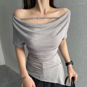 Dam T-shirts för kvinnor Kläder Smal kortärmad Sexig off-shulder skjorta Sommartröjor Elastisk slits-tröja Femme Camisetas Mujer