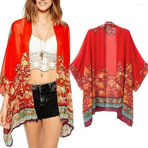 Women's Swimwear 2023 Casual Floral Print Chiffon Kaftan Beach Cover Up Cardigan Shawl 3/4 Sleeve Front Open Women Summer Swimsuit