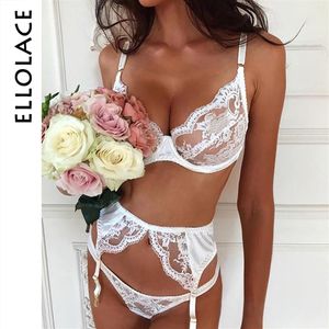 Ellolace Sexy Curse Learswear Set Women Transparent Lingerie Set 3 Piece Set Low Cup Lenceria Femenina Brap Women Sexy Bra Sets Y2282R