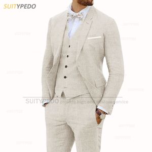 Abiti da uomo Blazer Abiti di lino beige per uomo 3 pezzi Abito casual slim fit Blazer Gilet Pantaloni Set Smoking da cerimonia nuziale formale per Groomsmen Uomo 230706