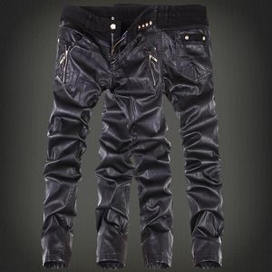 Whole- Korean Fashion cool Mens rock leather pants Black faux Tight skinny Plus size 30 31 32 33 34 36 Punk trousers3054