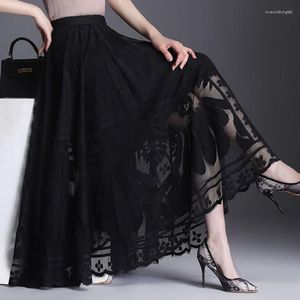 Skirts Hollow Out Vintage Tulle Skirt Summer Women Elastic High Waist Mesh Pleated Elegant Korean A Line Office Ladies