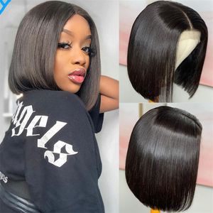 Bone Straight Bob Peruca Renda Perucas de cabelo humano para mulheres negras Peruca curta de 10 polegadas PrePlucked Middle Part Closure Peruca brasileira