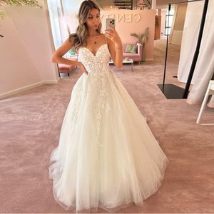 Marfim cinta de espaguete uma linha vestidos de casamento rendas apliques plissado vestido de noiva em camadas tule sexy vestido de mariee 326 326