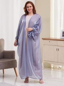 Etniska kläder Siskakia Bubble Sleeve Kimono Abaya Dress for Women Summer 2023 Thin Bright Silk Kort Solid See Through Front Open Robe