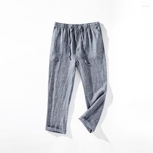 Calças masculinas de verão de linho soltas elásticas cintura leve e média-alta calças casuais