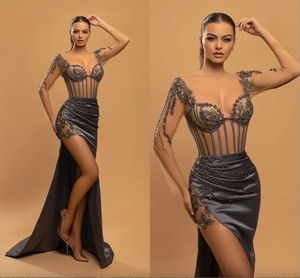 Seksowne szare wysokie suknie wieczorowe z rozcięciem przezroczysta, długa rękaw Illusion gorset koronkowy Appliqued suknie na wieczorny bal gorsetowy kobiety impreza okazja Vestidos