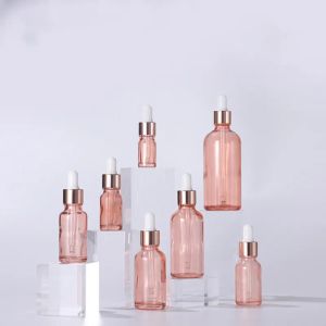 Garrafa conta-gotas de vidro rosa 5ml 10ml 30ml 50ml Frascos para frascos de frascos para óleos essenciais Olhos Gotas de amostra caindo em garrafas recarregáveis