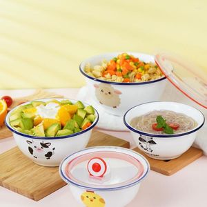Ciotole Ciotola per mangiare la casa giapponese per bambini addensata con coperchio smaltato per bambini e cartone animato in materiale sano