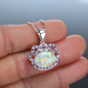 Pendant Necklaces Charm Silver Color Oval Wedding Necklace Dainty Female White Opal Purple Stone Hollow Chain For Women