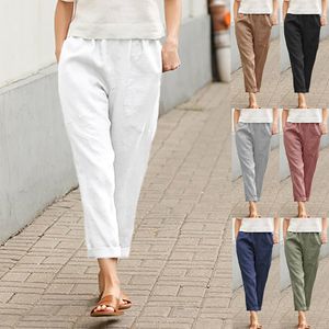 Pantaloni da donna europei americani ampie tasche tinta unita comodi pantaloni Capris in cotone e lino casual lunghezza dritta