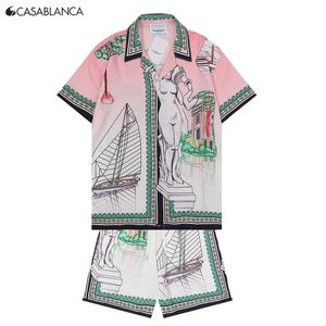 Mens shorts casablanca summer full screen plaid printed silk shirt set high-quality lapel short sleeve casual Beachwear Masao San men's loose dress