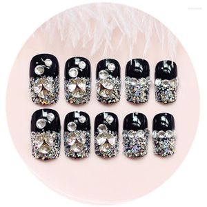 Sztuczne paznokcie 24 szt. Czarny Rhinestone Nail Bride Manicure taśma dwustronna akcesoria ślubne Fashion Style Art krótki fałszywy