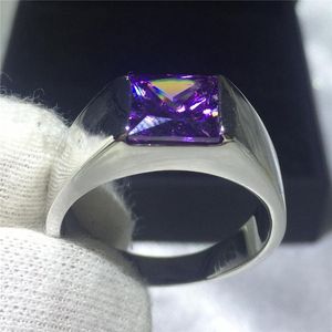 Cluster Rings Charm Purple Amethyst Stone For Men Women Real S925 Sterling Silver Ring Wedding Bands Square Zircon Engagement Male