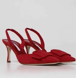 İtalya tasarımcısı kadınlar maysli sandaletler ayakkabı bayan slingback topuk sivri uçlu pompalar toka-detail lady seksi parti düğün stiletto yüksek topuklular manolo-eu35-43 kutu