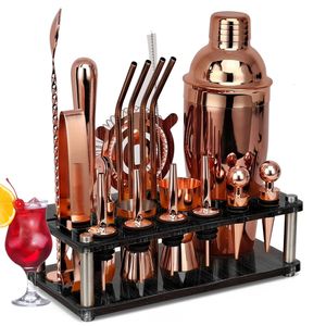 Vinglas 20stSet Rose Gold Bartender Kit Cocktail Shaker Set med roterande akrylställ för blandade drycker Martini Home Bar Köksverktyg 230706