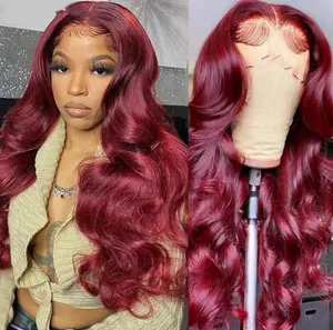 Burgundy Lace Front Wig Colored Human Hair Wigs Body Wave Deep Curly Frontal Wigs Straight Red 99J Straight For Black Women