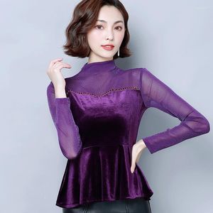 女性のブラウス秋冬 Pleuche パープルメッシュパッチワークセクシーな底入れ Tシャツレディース長袖スリムプルオーバー Tシャツ服 B285