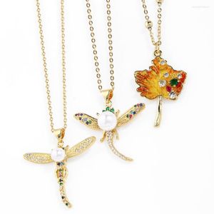 Pendant Necklaces FLOLA Big Multicolor Dragonfly For Women Copper Gold Plated Necklace Crystal Jewelry Gifts Nkeb752