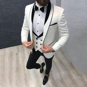 Erkekler Takım Varış Erkekler Beyaz ve Siyah Damat Smokin Şal Kapı Sağdısmen Düğün Damat (Ceket Pantolon Vest Tie) D155